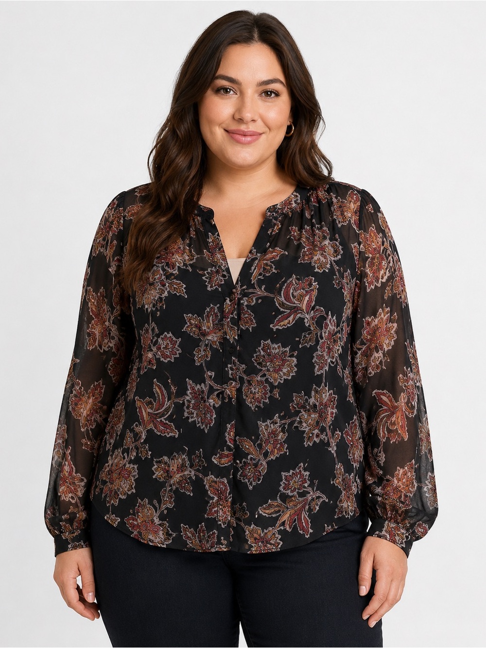 LIZ CLAIBORNE WOMENS SHEAR BLACK FLORAL V-NECK LONG SLEEVE BLOUSE SIZE 1X
